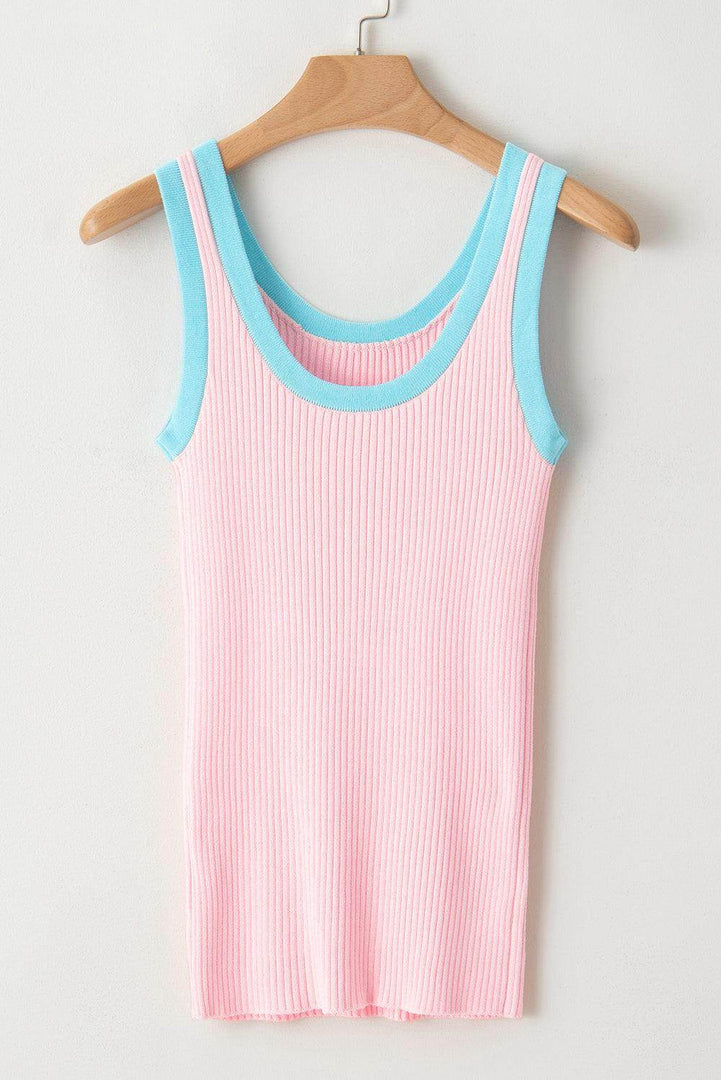 Fiery Red Colorblock Edge Ribbed Knit U Neck Tank Top - Fashion Queen -  24