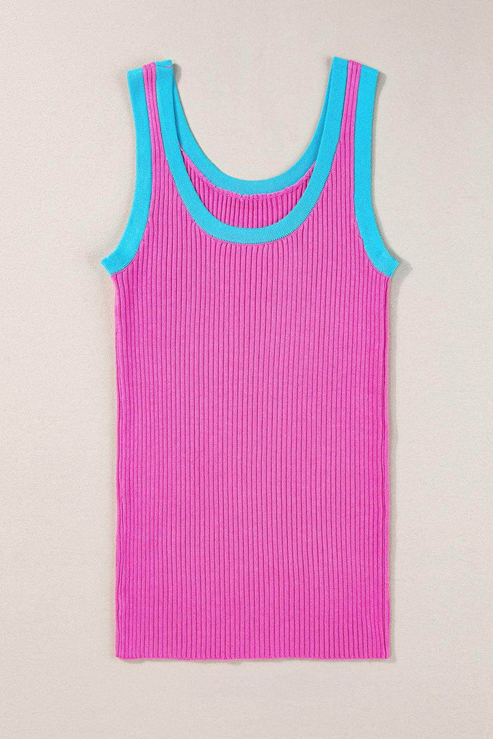 Fiery Red Colorblock Edge Ribbed Knit U Neck Tank Top - Fashion Queen -  30