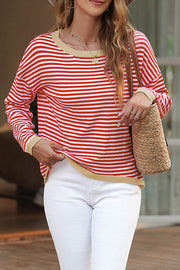 Fiery Red Contrast Trimmed Striped Drop Shoulder Sweater - Fashion Queen -  1