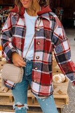 Load image into Gallery viewer, Fiery Red Hooded Plaid Button Front Shacket - Fashion Queen -  1

