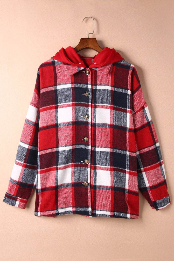 Fiery Red Hooded Plaid Button Front Shacket - Fashion Queen -  11