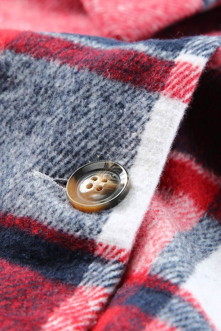 Fiery Red Hooded Plaid Button Front Shacket - Fashion Queen -  17