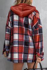 Load image into Gallery viewer, Fiery Red Hooded Plaid Button Front Shacket - Fashion Queen -  2
