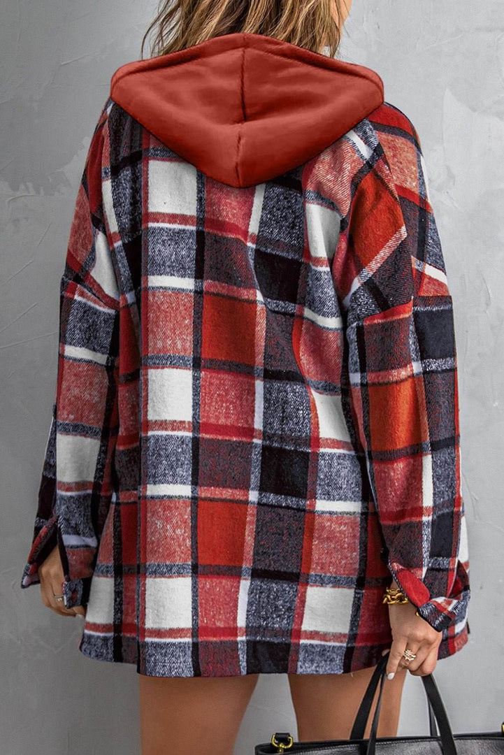 Fiery Red Hooded Plaid Button Front Shacket - Fashion Queen -  2