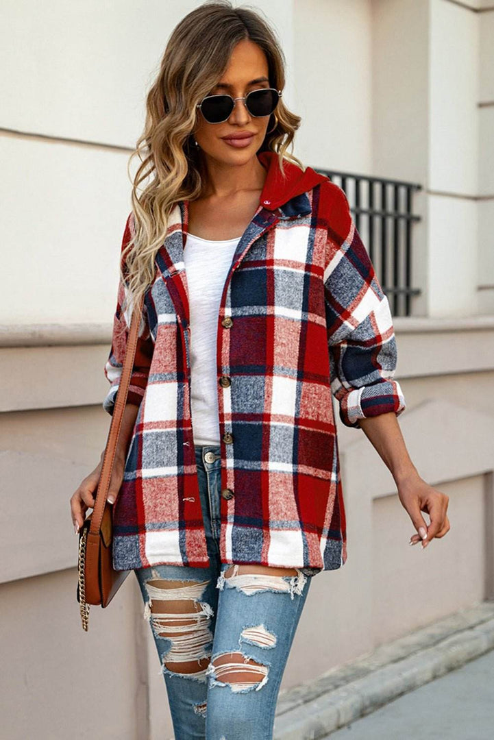 Fiery Red Hooded Plaid Button Front Shacket - Fashion Queen -  7