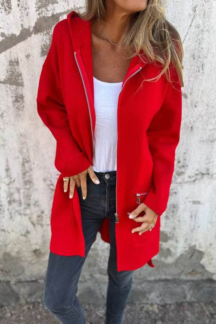 Fiery Red Solid Color Casual Zip up Hooded Coat - Fashion Queen -  1