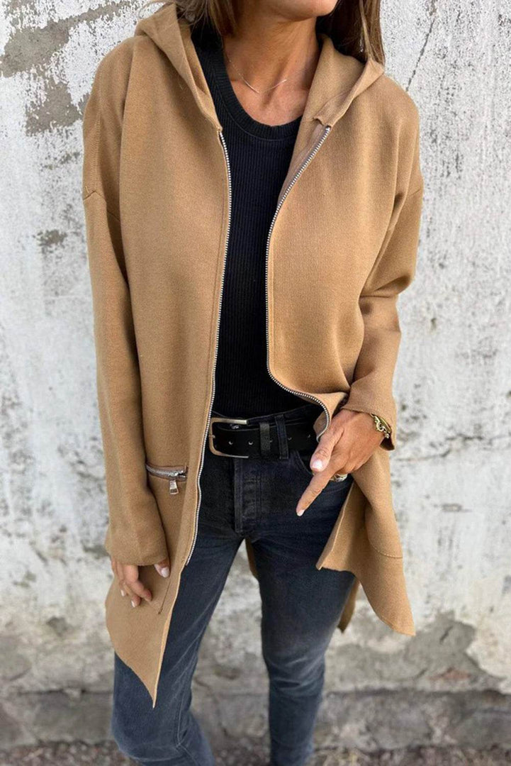 Fiery Red Solid Color Casual Zip up Hooded Coat - Fashion Queen -  9