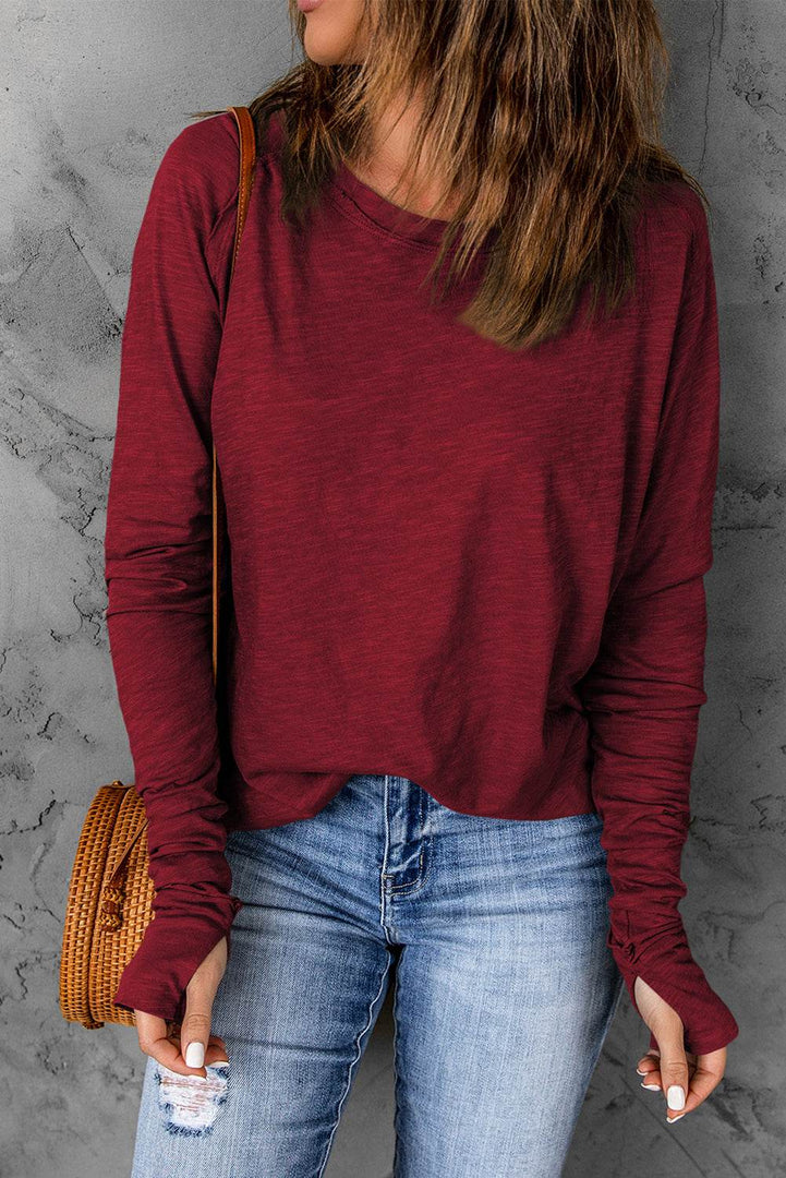 Fiery Red Solid Crew Neck Long Sleeve Top - Fashion Queen -  1