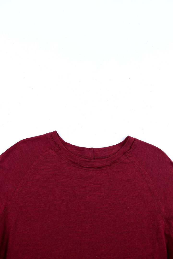 Fiery Red Solid Crew Neck Long Sleeve Top - Fashion Queen -  11