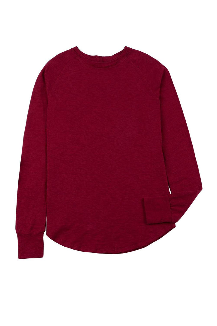 Fiery Red Solid Crew Neck Long Sleeve Top - Fashion Queen -  17