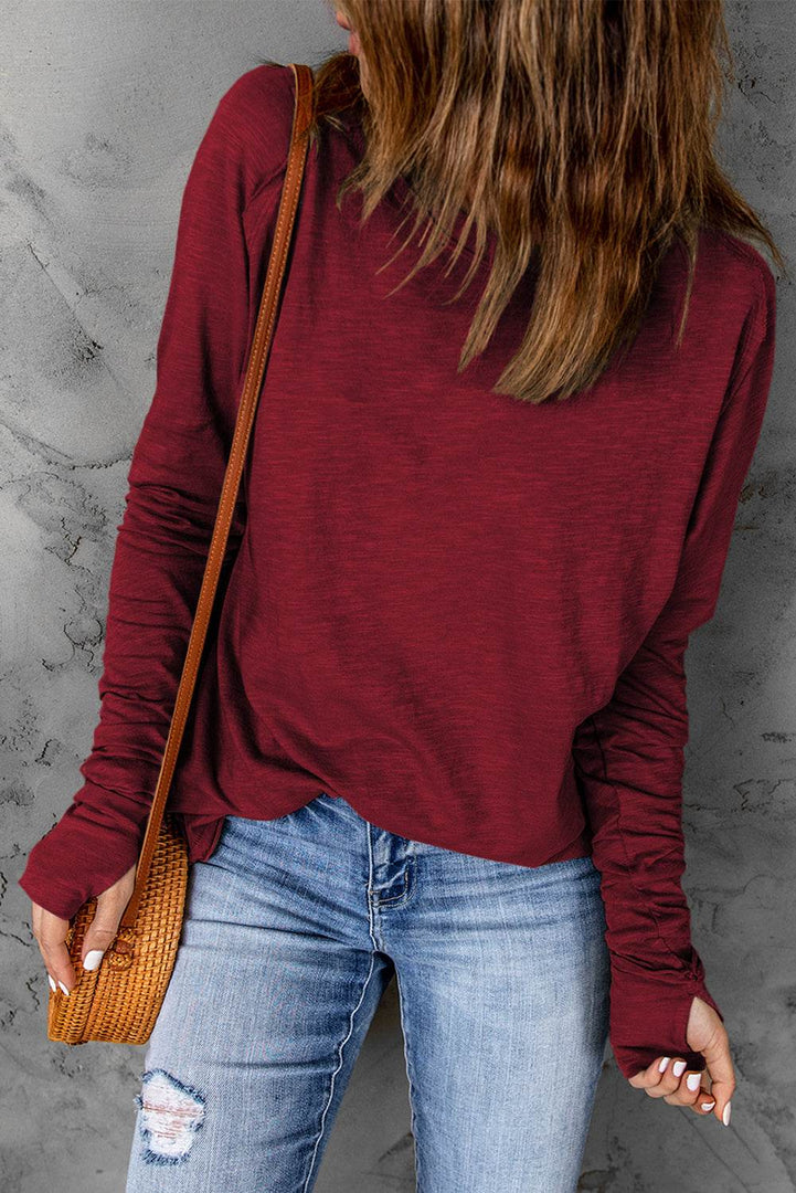 Fiery Red Solid Crew Neck Long Sleeve Top - Fashion Queen -  3