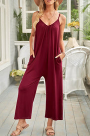 Fiery Red Spaghetti Straps Wide Leg Pocketed Jumpsuits - Fashion Queen -  1