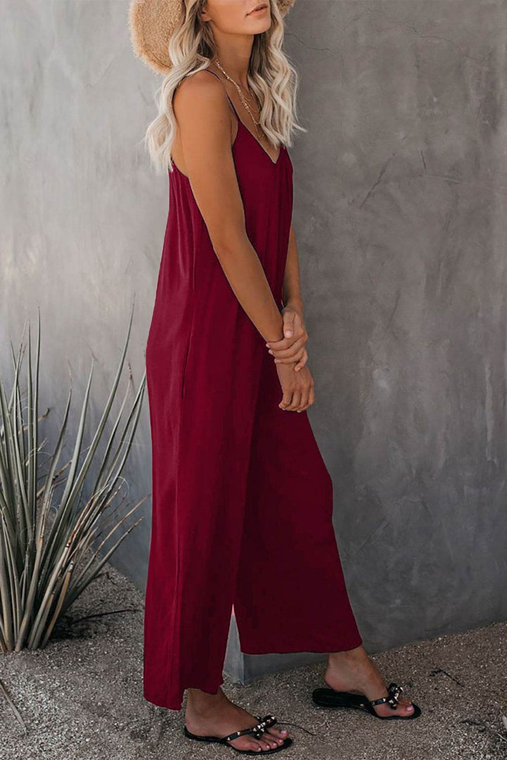 Fiery Red Spaghetti Straps Wide Leg Pocketed Jumpsuits - Fashion Queen -  12