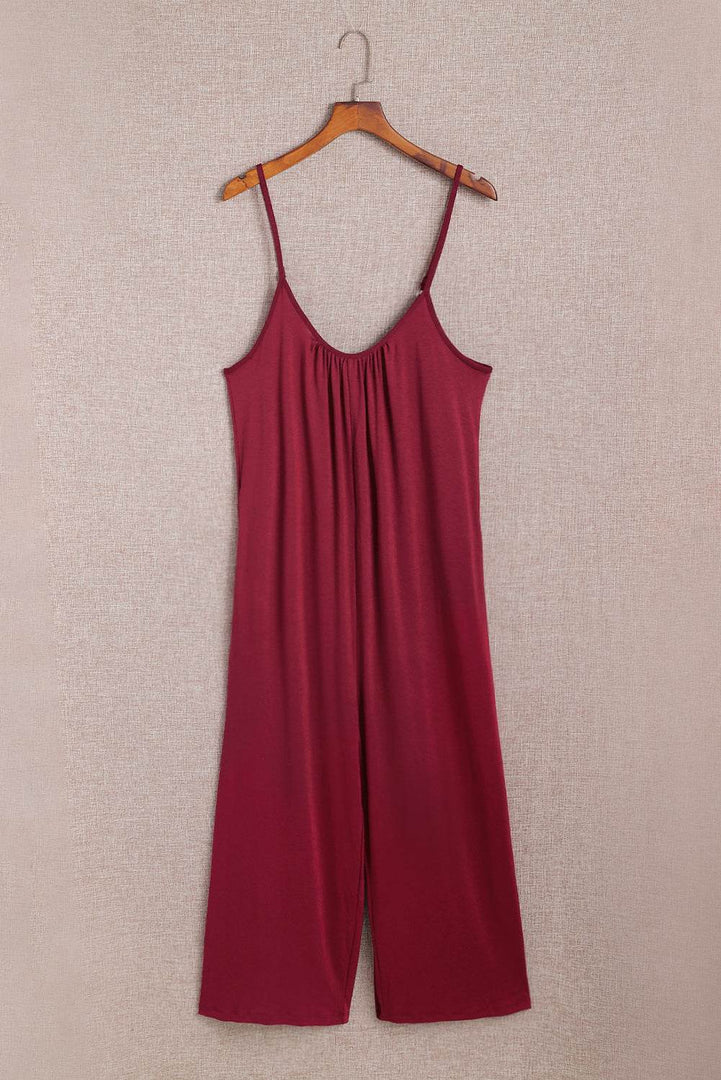 Fiery Red Spaghetti Straps Wide Leg Pocketed Jumpsuits - Fashion Queen -  14
