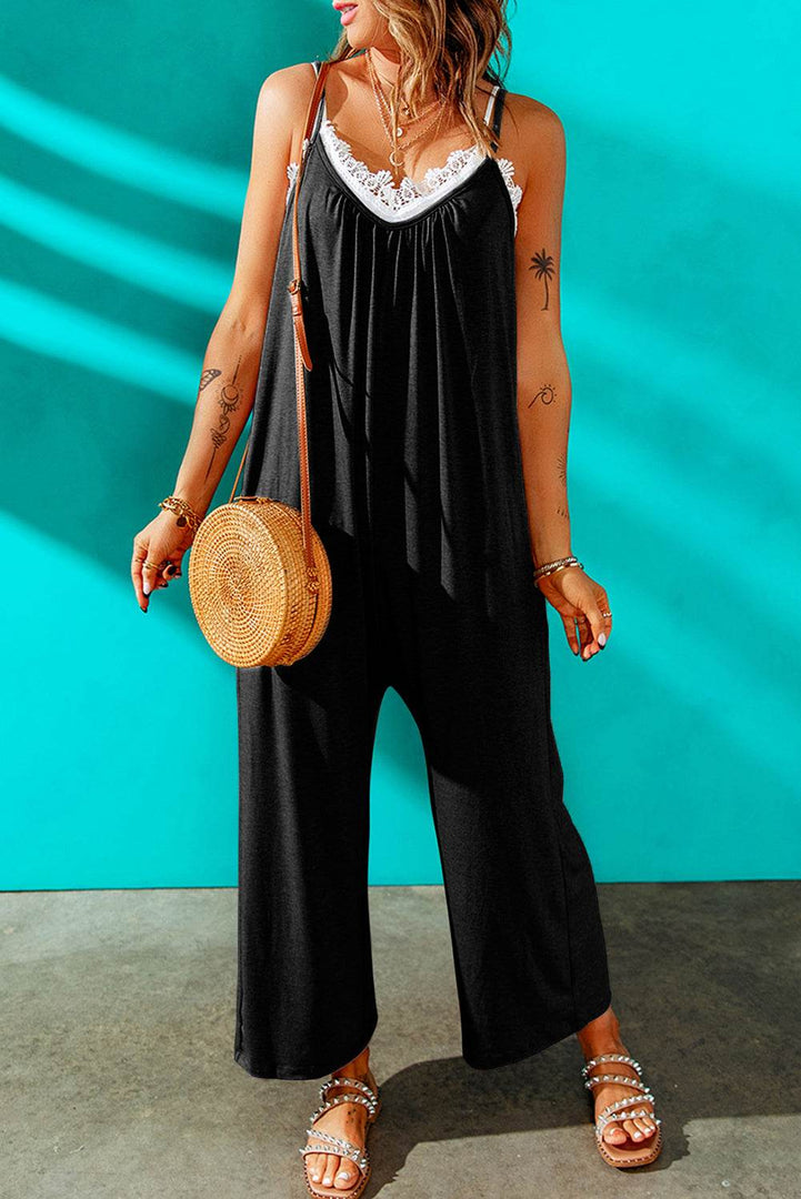 Fiery Red Spaghetti Straps Wide Leg Pocketed Jumpsuits - Fashion Queen -  25