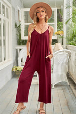 Load image into Gallery viewer, Fiery Red Spaghetti Straps Wide Leg Pocketed Jumpsuits - Fashion Queen -  3
