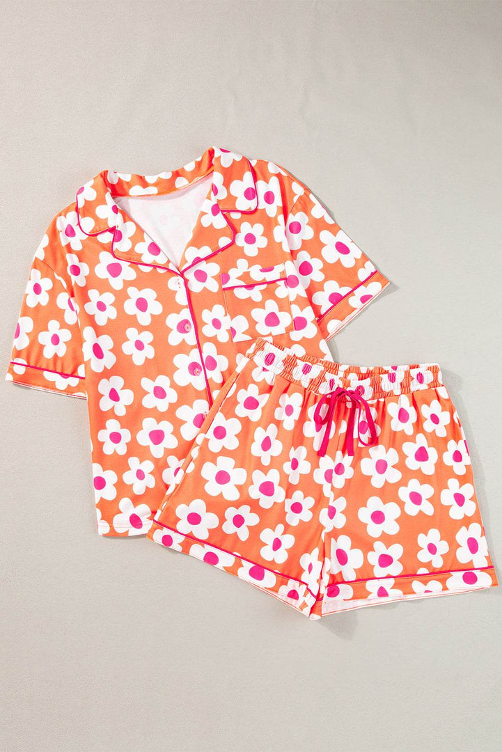 Flower Print Short Sleeve Shirt Pajamas Set - Fashion Queen -  12