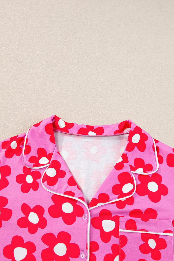 Flower Print Short Sleeve Shirt Pajamas Set - Fashion Queen -  13