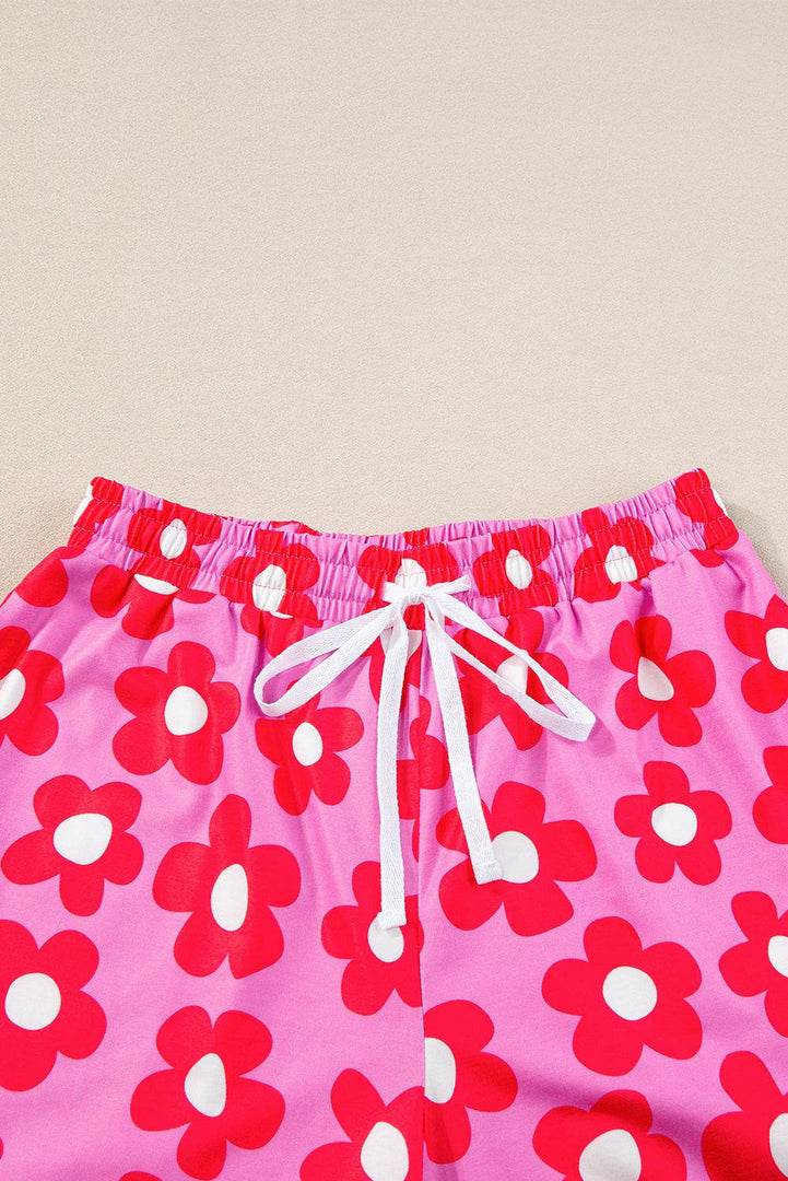 Flower Print Short Sleeve Shirt Pajamas Set - Fashion Queen -  18