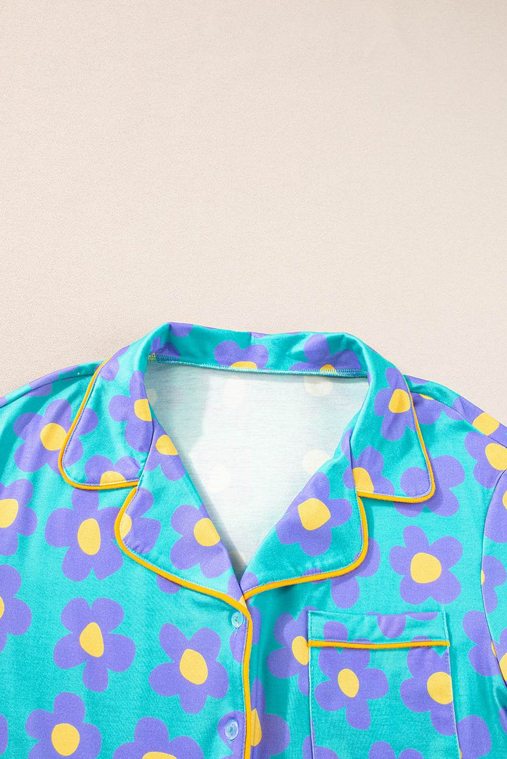 Flower Print Short Sleeve Shirt Pajamas Set - Fashion Queen -  21