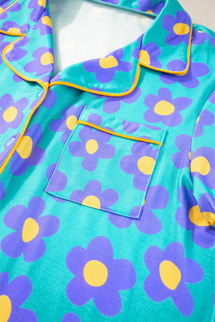 Flower Print Short Sleeve Shirt Pajamas Set - Fashion Queen -  22