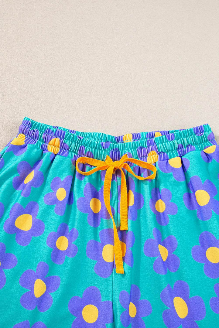 Flower Print Short Sleeve Shirt Pajamas Set - Fashion Queen -  27