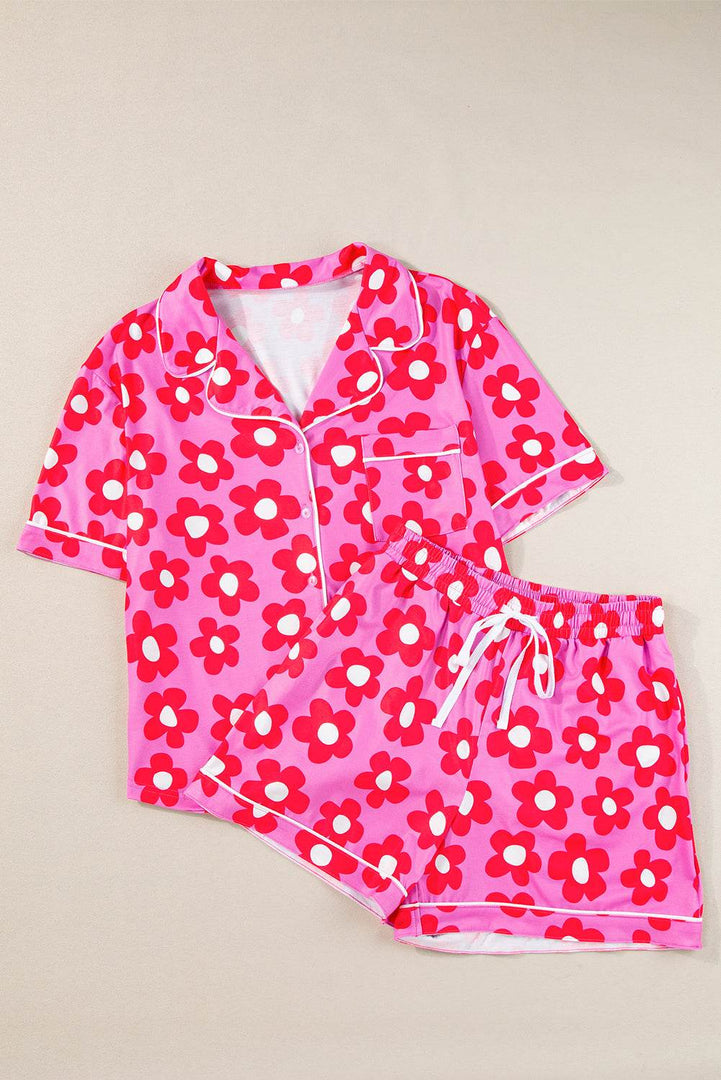 Flower Print Short Sleeve Shirt Pajamas Set - Fashion Queen -  3