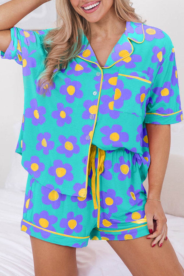 Flower Print Short Sleeve Shirt Pajamas Set - Fashion Queen -  4