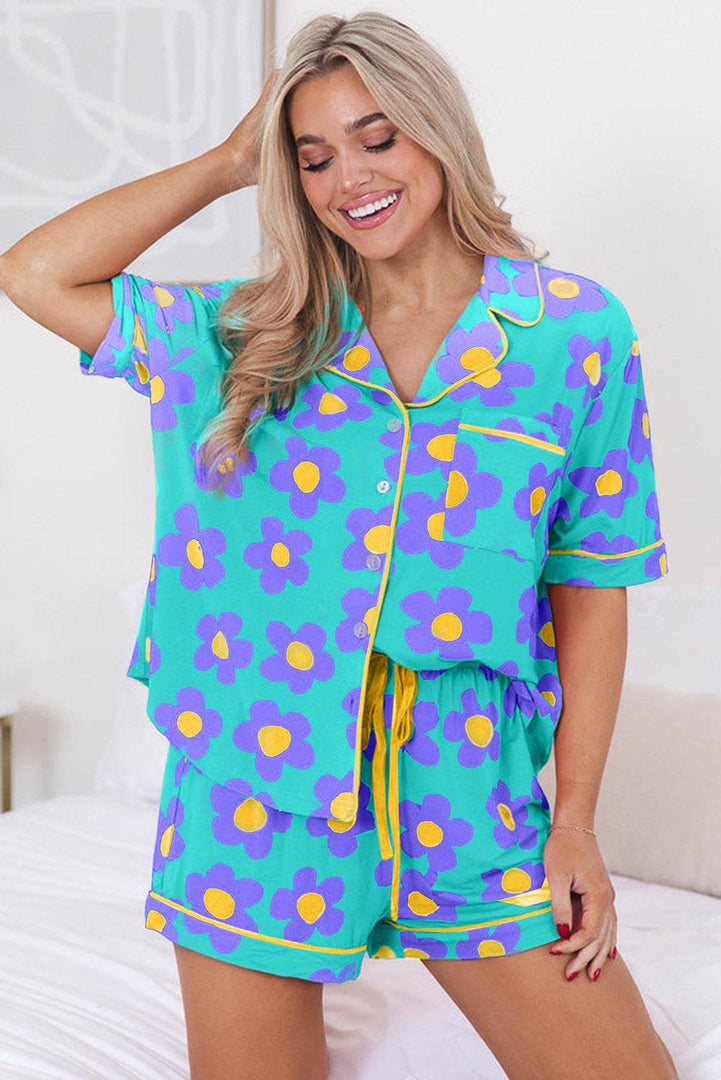 Flower Print Short Sleeve Shirt Pajamas Set - Fashion Queen -  5