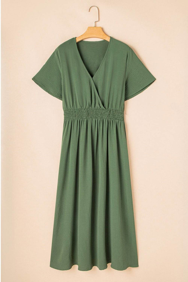 Four Leaf Clover Surplice Neckline Shirred High Waist Plus Size Maxi Dress - Fashion Queen -  1