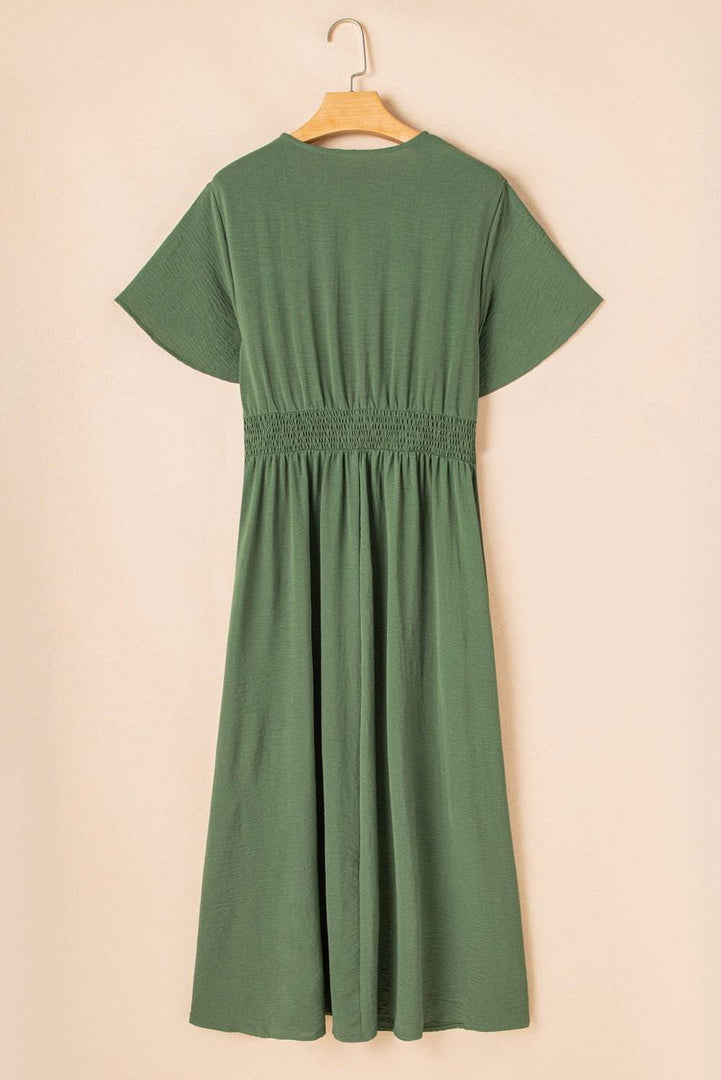 Four Leaf Clover Surplice Neckline Shirred High Waist Plus Size Maxi Dress - Fashion Queen -  2