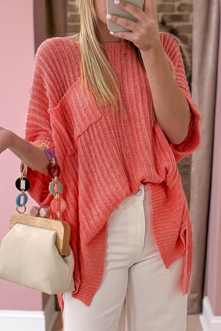 Fresh Salmon Rolled Cuffs Loose Knit Tee with Slits - Fashion Queen -  1