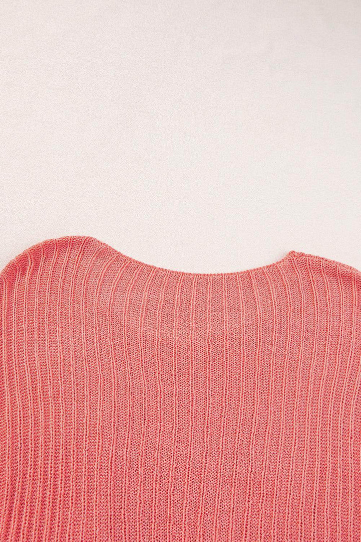 Fresh Salmon Rolled Cuffs Loose Knit Tee with Slits - Fashion Queen -  11