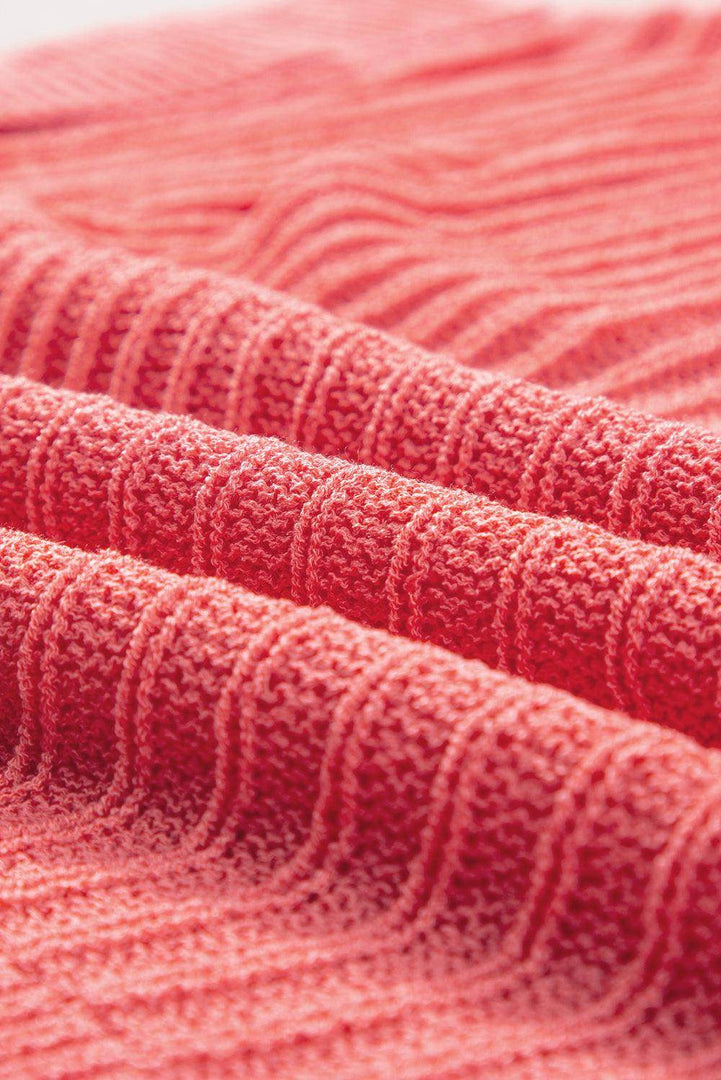 Fresh Salmon Rolled Cuffs Loose Knit Tee with Slits - Fashion Queen -  12