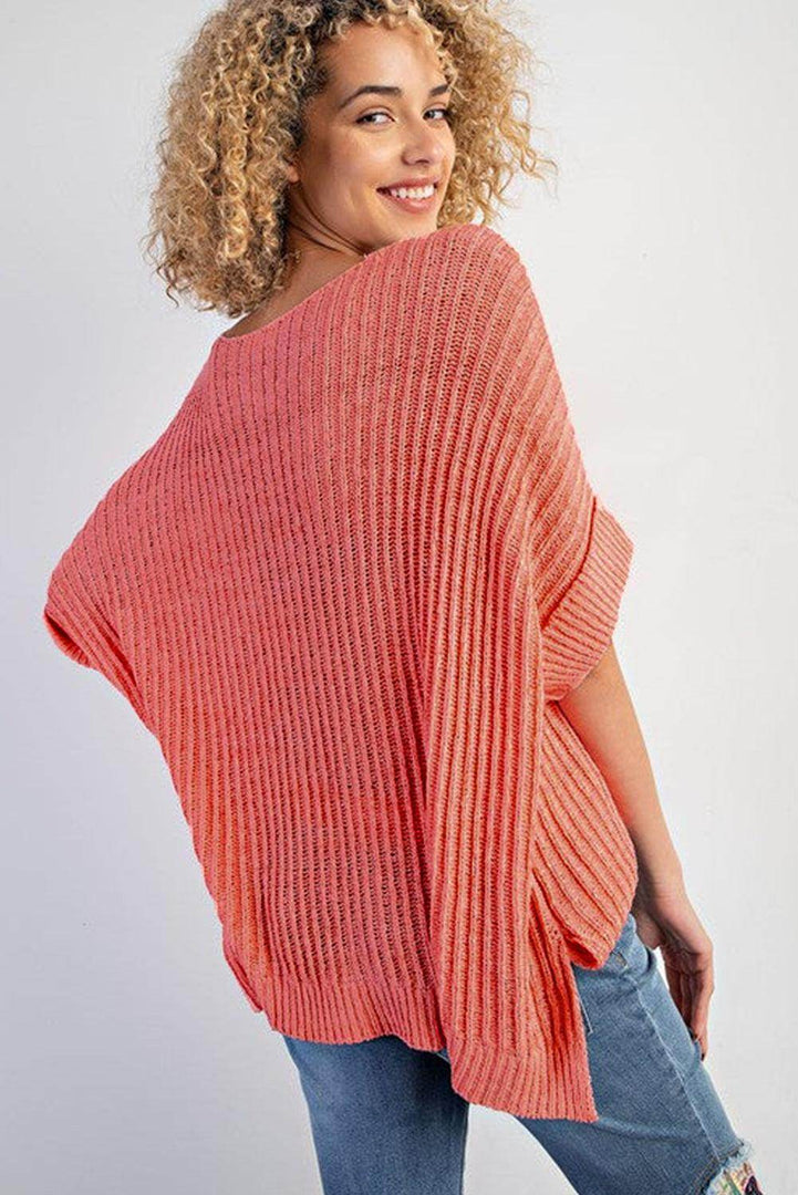 Fresh Salmon Rolled Cuffs Loose Knit Tee with Slits - Fashion Queen -  2