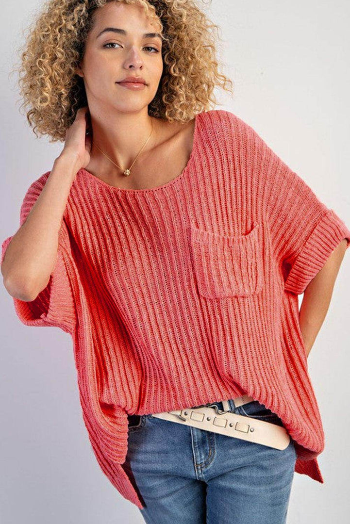 Fresh Salmon Rolled Cuffs Loose Knit Tee with Slits - Fashion Queen -  3