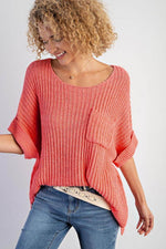 Load image into Gallery viewer, Fresh Salmon Rolled Cuffs Loose Knit Tee with Slits - Fashion Queen -  4
