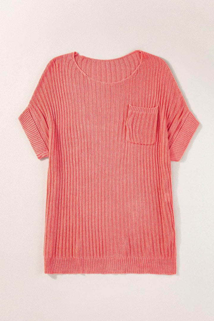 Fresh Salmon Rolled Cuffs Loose Knit Tee with Slits - Fashion Queen -  5