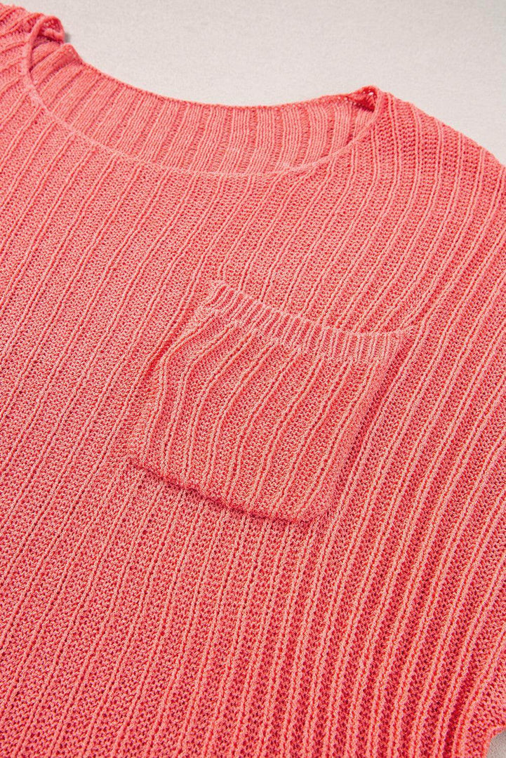Fresh Salmon Rolled Cuffs Loose Knit Tee with Slits - Fashion Queen -  8