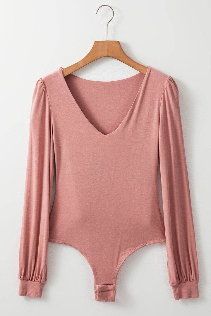 Fushia Plain V neck Long Sleeve Casual Bodysuit - Fashion Queen -  7