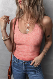 Fushia Solid Color Textured U Neck Slim Tank Top - Fashion Queen -  1