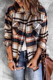 Geometric Plaid Print Pocketed Shacket - Fashion Queen -  1