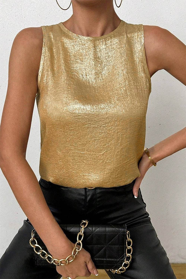 Gold Metal Textured Round Neck Casual Tank Top - Fashion Queen -  1