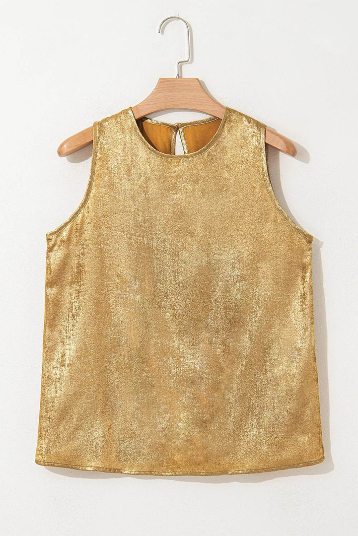 Gold Metal Textured Round Neck Casual Tank Top - Fashion Queen -  4
