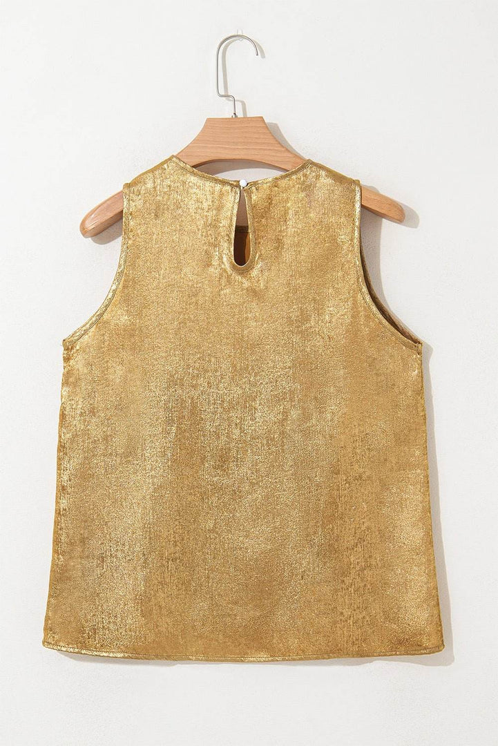 Gold Metal Textured Round Neck Casual Tank Top - Fashion Queen -  5