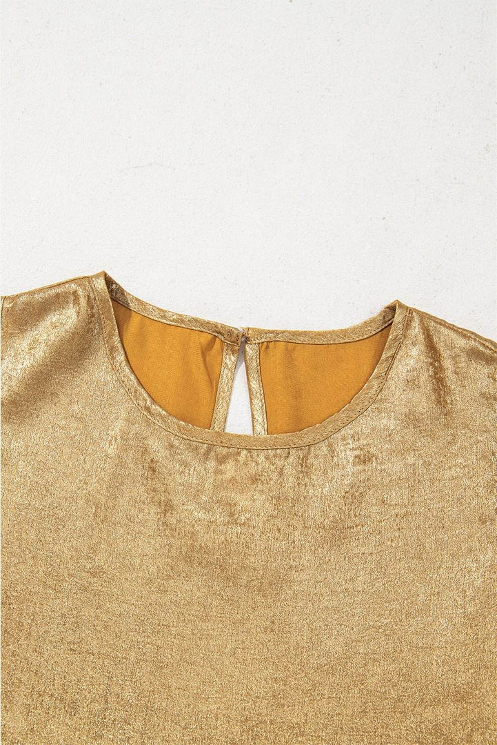 Gold Metal Textured Round Neck Casual Tank Top - Fashion Queen -  6