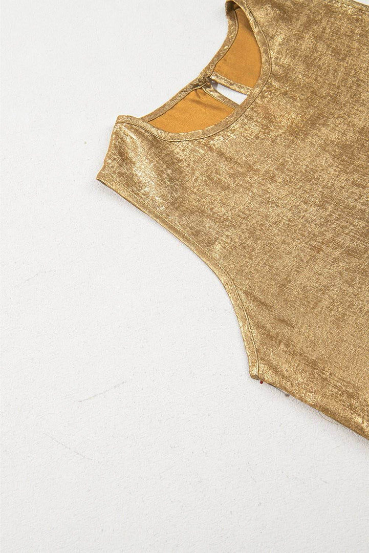 Gold Metal Textured Round Neck Casual Tank Top - Fashion Queen -  7