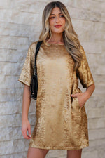 Load image into Gallery viewer, Gold Metallic Luster Crewneck Mini T-Shirt Dress - Fashion Queen -  1
