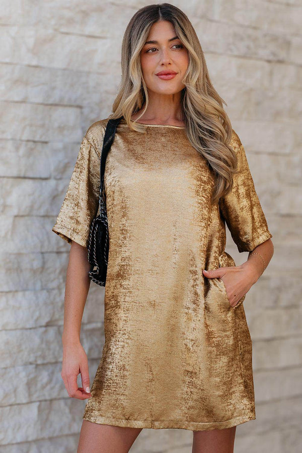 Gold Metallic Luster Crewneck Mini T-Shirt Dress - Fashion Queen -  1