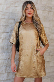 Gold Metallic Luster Crewneck Mini T-Shirt Dress - Fashion Queen -  1